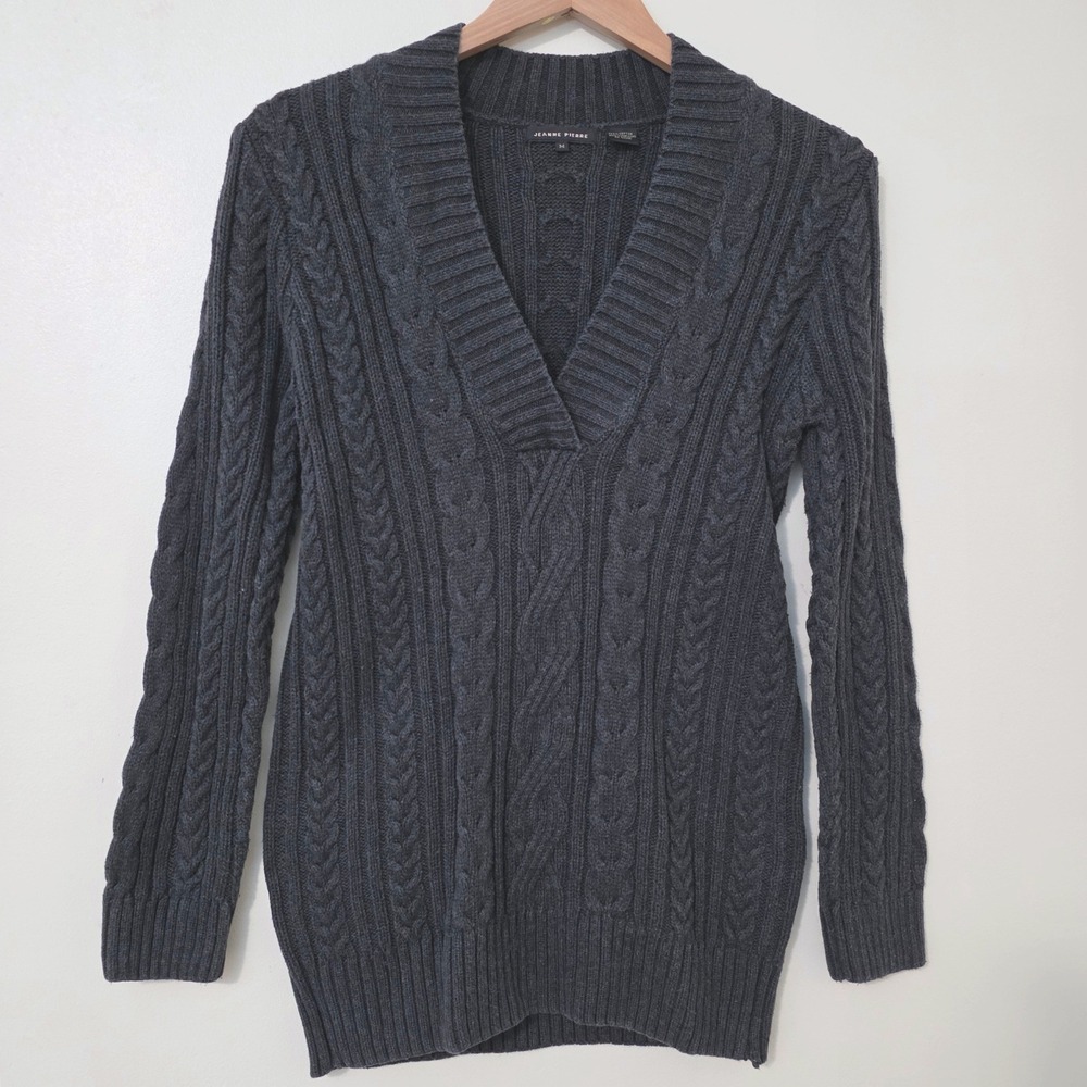 Vintage Y2K Jeanne Pierre Cable Knit Sweater Sz M Deep V Neck Fitted Preppy
